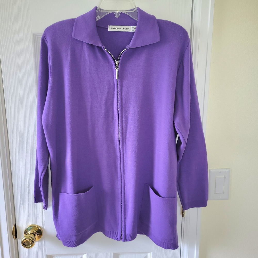 Karen Lessley Cardigan XL Purple Zip Front‎ Sweater Pockets Knit USA Vintage
